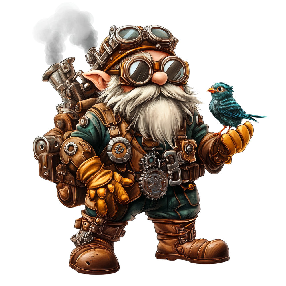 steampunk gnome, mechanical gadgets, copper tones, bronze colors, brass accents, green clothing, white beard, goggles, gears, clockwork, blue bird, fantasy character, victorian inspired, industrial design, fabric panel, quilting cotton, whimsical, imaginative, detailed illustration, steam punk aesthetic