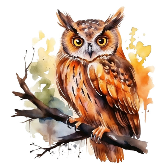 watercolor owl, fabric panel, brown owl, orange feathers, yellow eyes, tree branch, autumn colors, wildlife art, bird illustration, watercolor splashes, nature design, russet tones, amber hues, artistic owl, feathered creature, perched bird, woodland animal, soft watercolors, organic brushstrokes, earth tones