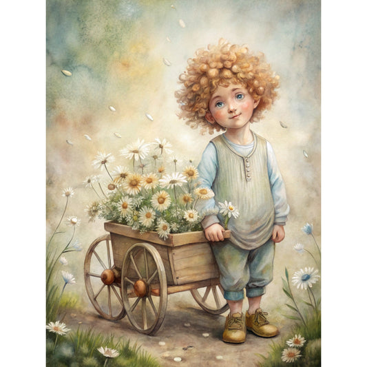 curly haired child, wooden cart, white daisies, soft pastels, watercolor style, whimsical illustration, fabric panel, cotton quilting, spring flowers, vintage wagon, blonde curls, blue overalls, dreamy background, floral motif, children's theme, gentle artwork, storybook style, botanical elements, soft greens, cream tones