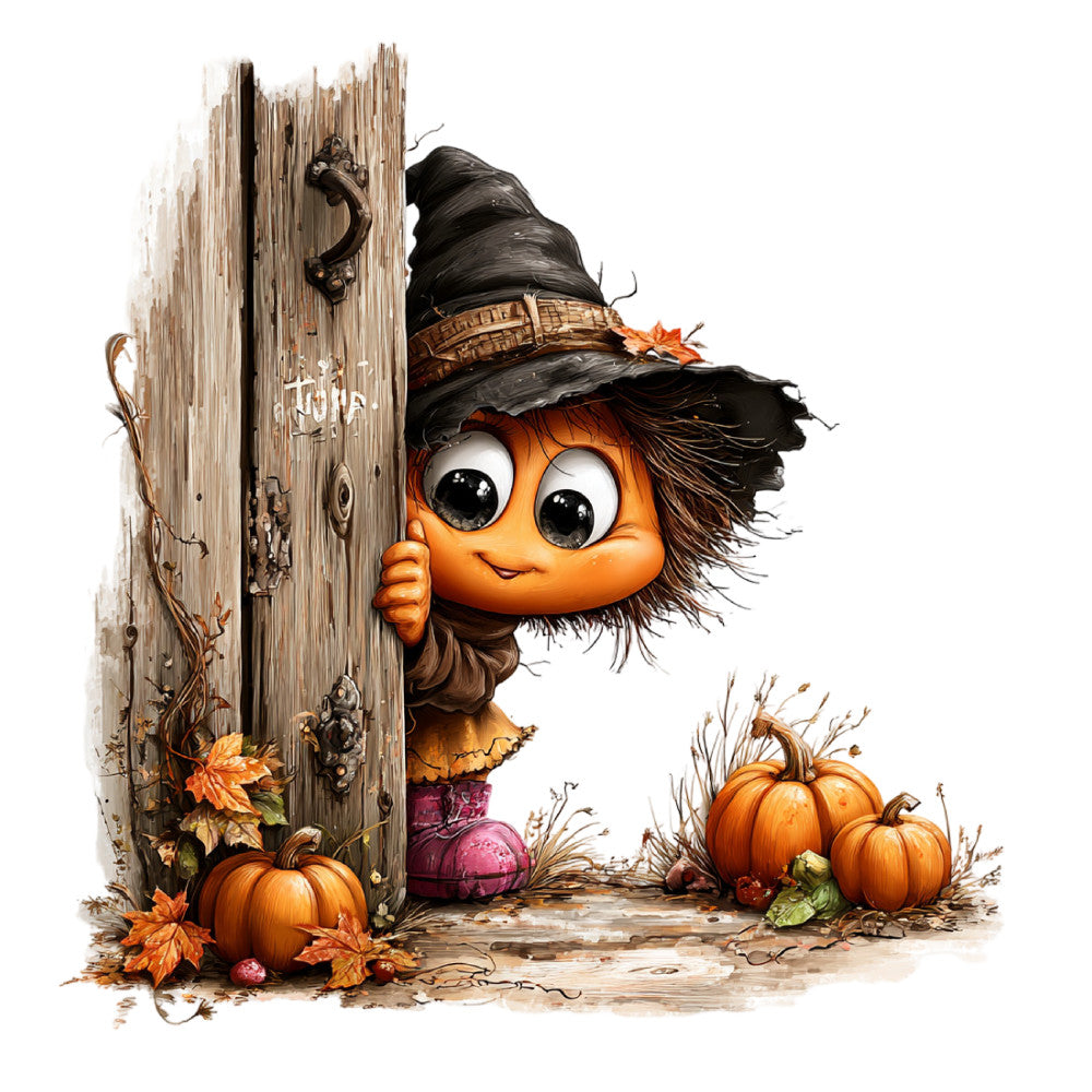 autumn, fall, halloween, scarecrow, witch, witch hat, pumpkins, orange, black, brown, tan, cream, rust, burgundy, harvest, seasonal, whimsical, cute, folk art, rustic, farmhouse, countryside, straw, leaves, fall leaves, decorative panel, wall hanging, children's fabric, novelty