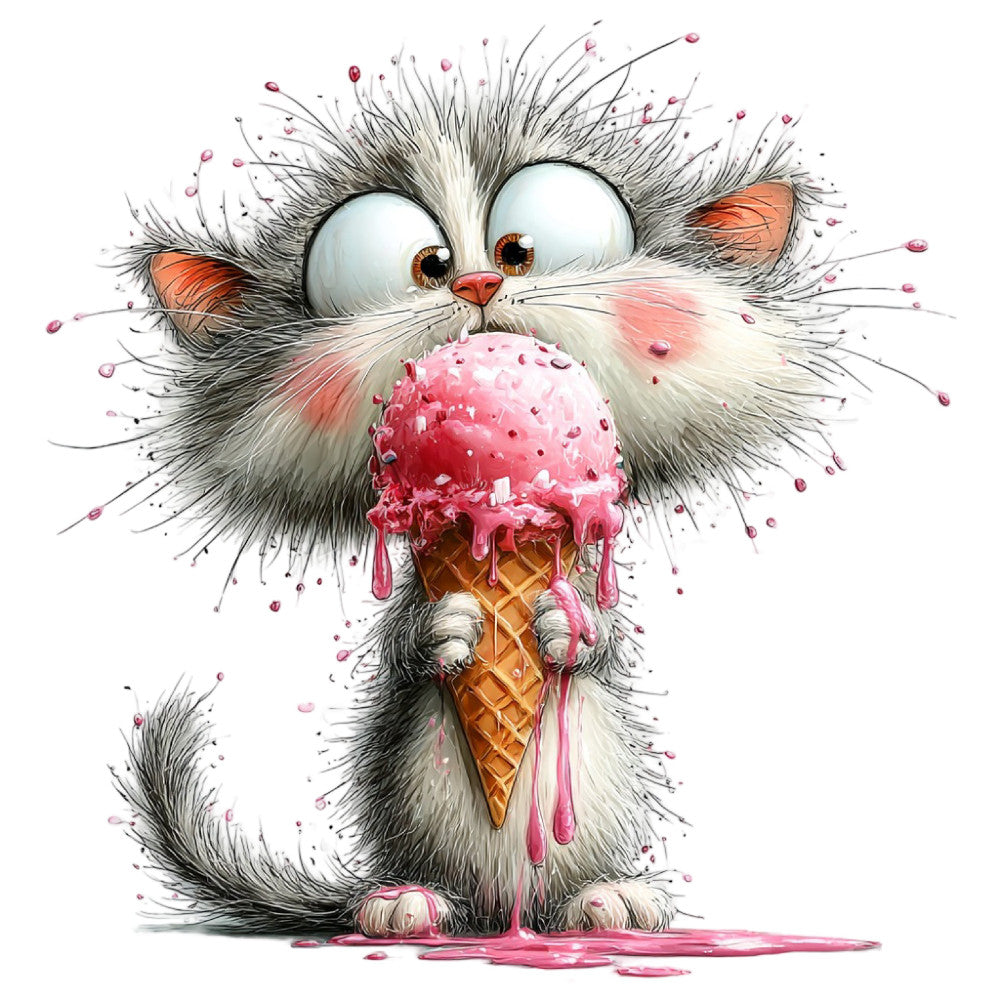 fluffy cat, whimsical, pink ice cream cone, animal illustration, children's design, playful, cute cat, melting ice cream, dripping pink, orange ears, large eyes, artistic illustration, modern whimsical, kid's fabric, novelty print, splatter effect, dessert theme, summer fun, bright pink, cream white, charcoal gray, fun and playful, quirky animal, graphic illustration, colorful splashes, sweet theme, cheerful design