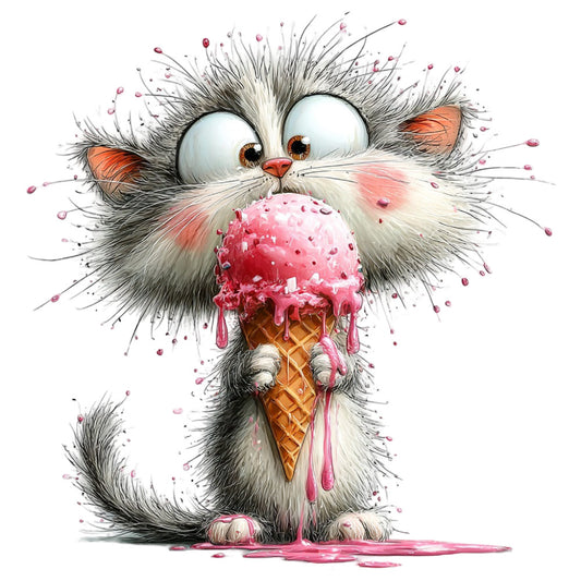 fluffy cat, whimsical, pink ice cream cone, animal illustration, children's design, playful, cute cat, melting ice cream, dripping pink, orange ears, large eyes, artistic illustration, modern whimsical, kid's fabric, novelty print, splatter effect, dessert theme, summer fun, bright pink, cream white, charcoal gray, fun and playful, quirky animal, graphic illustration, colorful splashes, sweet theme, cheerful design
