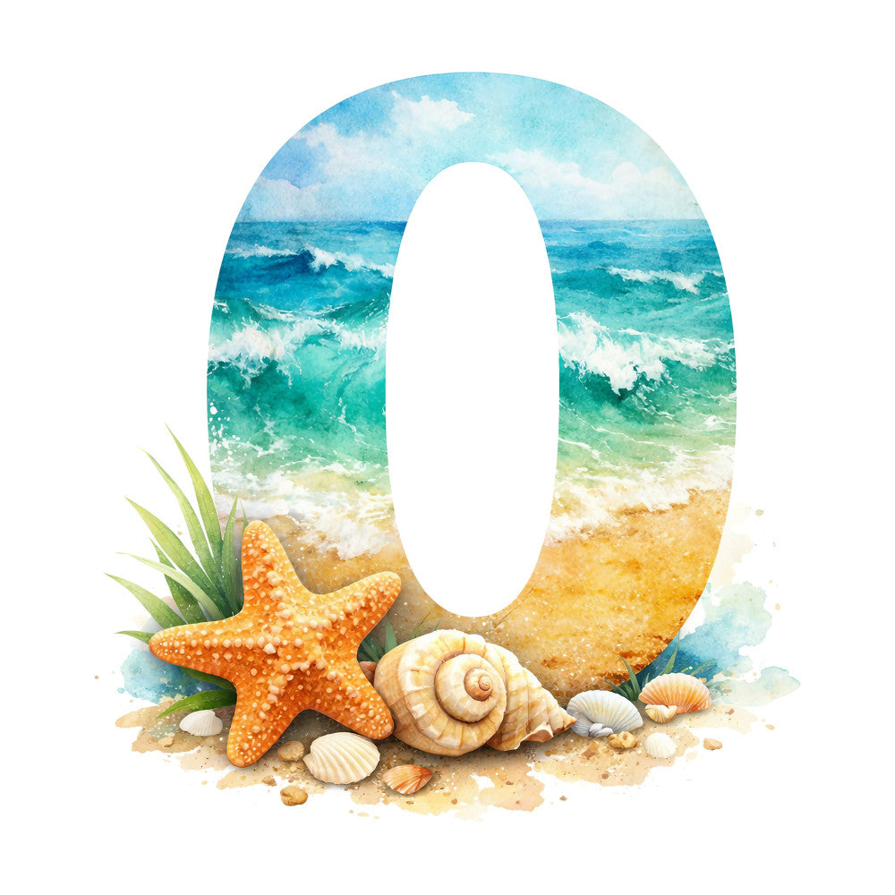 ocean waves, beach scene, starfish, seashells, sand, turquoise, aqua blue, sky blue, sandy beige, coral orange, nautical, coastal, tropical, summer, seaside, underwater, marine life, whimsical, watercolor, ocean themed, seashore, decorative panel, wall art, beach vacation, tropical paradise, relaxing, serene, nature inspired, children's fabric, letter o monogram