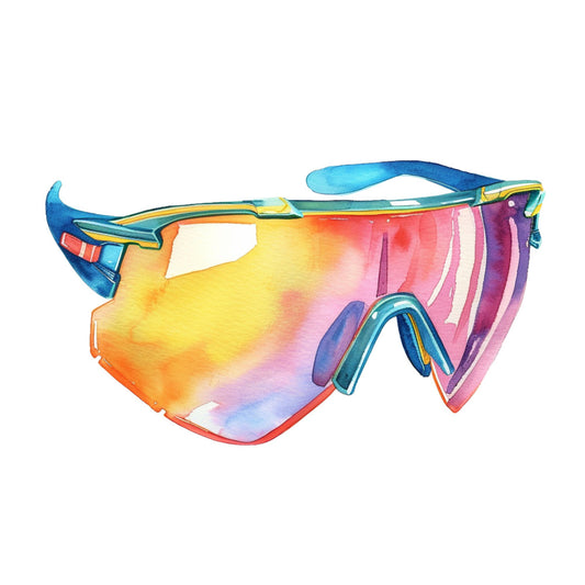sunglasses, eyewear, sports glasses, rainbow gradient, watercolor, yellow, orange, coral pink, red, purple, blue, teal, gradient blend, ombre effect, modern, whimsical, abstract, vibrant, colorful, contemporary style, athletic, summer, beach, tropical vibes, fun fashion, bold colors, artistic design, retro, 80s inspired, cool accessories
