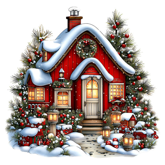 red house, christmas, holiday, snow, winter, festive, evergreen, pine branches, red berries, white berries, cottage, cozy cabin, lanterns, wreath, candy canes, gingerbread, whimsical, traditional, seasonal, december, festive decorations, warm gold, crisp white, forest green, burgundy red, brick red, snowy roofline, chimney, lit windows, cheerful