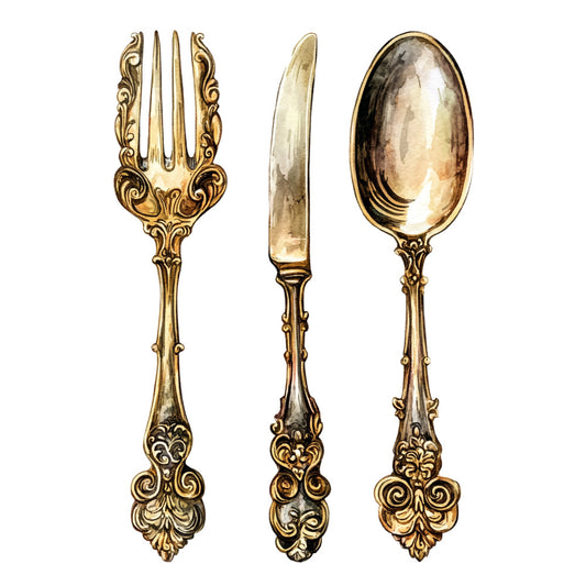 elegant flatware, ornate silverware, vintage tableware, gold utensils, decorative cutlery, formal dining, classic design, baroque style, ornamental handles, dining room decor, kitchen textile, table setting, traditional style, damask inspired, scrollwork pattern, filigree details, antique gold, formal entertaining, Victorian style, timeless elegance, sophisticated pattern, home decor, tabletop design, metallic print, ornate motifs, culinary theme, vintage inspired, luxury style