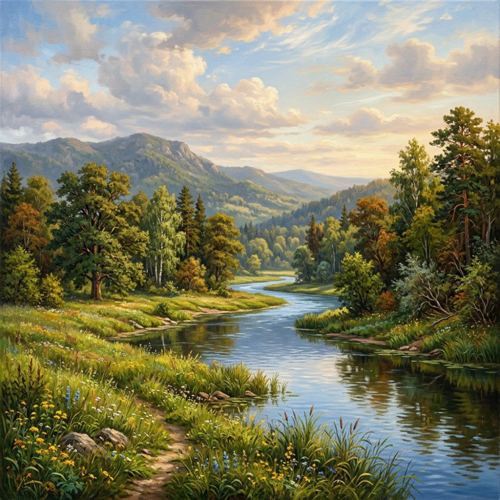 landscape, river, mountains, forest, nature, scenic, trees, meadow, pastoral, countryside, green, blue, sky, clouds, water, woodland, valley, outdoor, peaceful, tranquil, spring, summer, autumn, traditional, rustic, scenic panel, naturalistic, evergreen, wildflowers, rolling hills