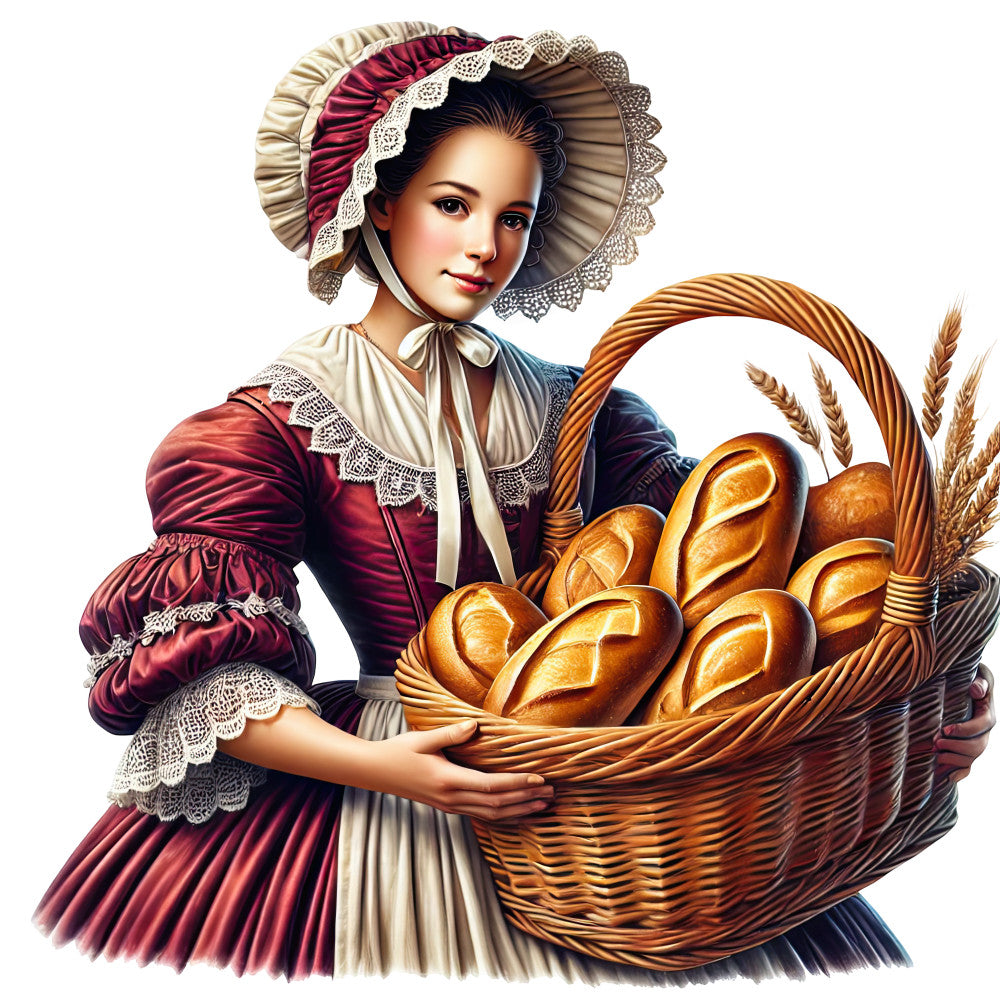 colonial woman, burgundy dress, white bonnet, lace trim, wicker basket, fresh bread, wheat stalks, historical costume, period clothing, fabric panel, quilting cotton, americana theme, rustic brown, cream white, golden brown, bread loaves, pioneer woman, colonial era, vintage illustration, harvest scene