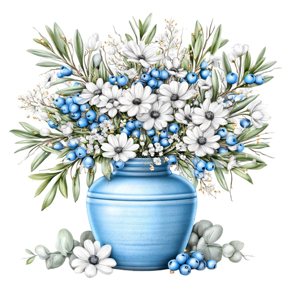 white daisies, blue berries, sky blue, botanical, floral arrangement, nature, spring, summer, elegant, traditional, vase, greenery, foliage, white flowers, blue accents, vintage, garden, naturalistic, delicate, ornamental, decorative, botanical illustration, periwinkle blue, soft green, grey green, eucalyptus, small florals, berry motifs, daisy pattern, cottage style