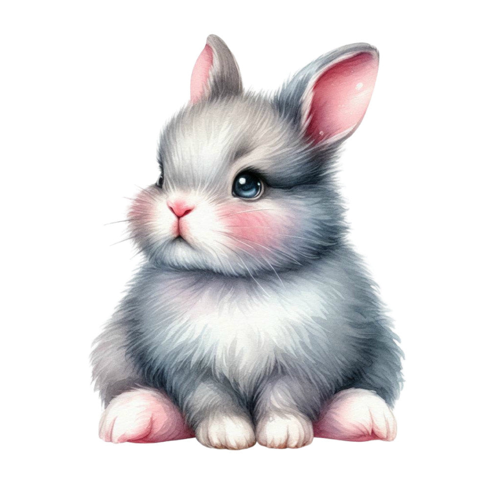 gray and white bunny, pink nose, blue eyes, cute rabbit, animal panel, whimsical, adorable bunny face, soft gray, pale pink, white accents, easter bunny, spring animals, children's fabric, baby animals, nursery decor, woodland creatures, fluffy bunny, gentle style, sweet design, illustrative animals, storybook style, friendly bunny, pastel colors, charming animals, decorative panel, young children's fabric, soft pastels