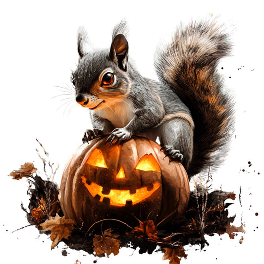 halloween, squirrel, jack-o-lantern, pumpkin, autumn, fall, orange, gray, cream, burnt orange, glowing, spooky, festive, whimsical, animal, nature, seasonal, woodland creature, carved pumpkin, holiday, trick-or-treat, october, autumn leaves, rustic, playful, charming, decorative, wall hanging, seasonal decoration