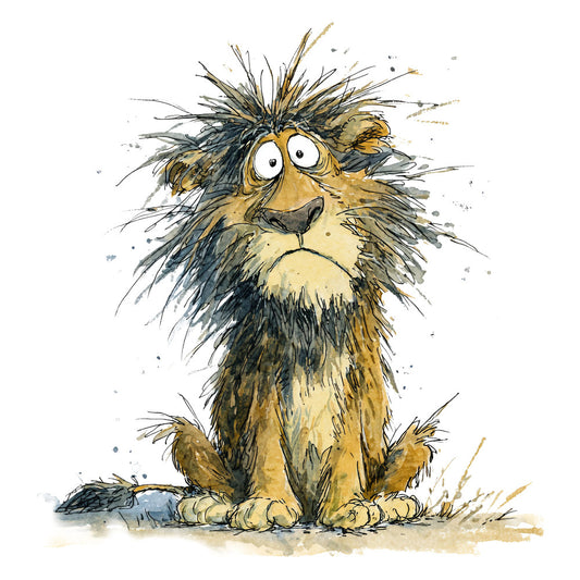 lion, wild animal, safari, whimsical, expressive eyes, watercolor, ink sketch, tan, gold, ochre, cream, navy blue, gray, charcoal, organic, illustrative, children's, storybook, playful, quirky, artistic, detailed fur texture, portrait style, nature inspired, kids fabric, bedtime story, adventure theme, cartoon animal, hand-drawn