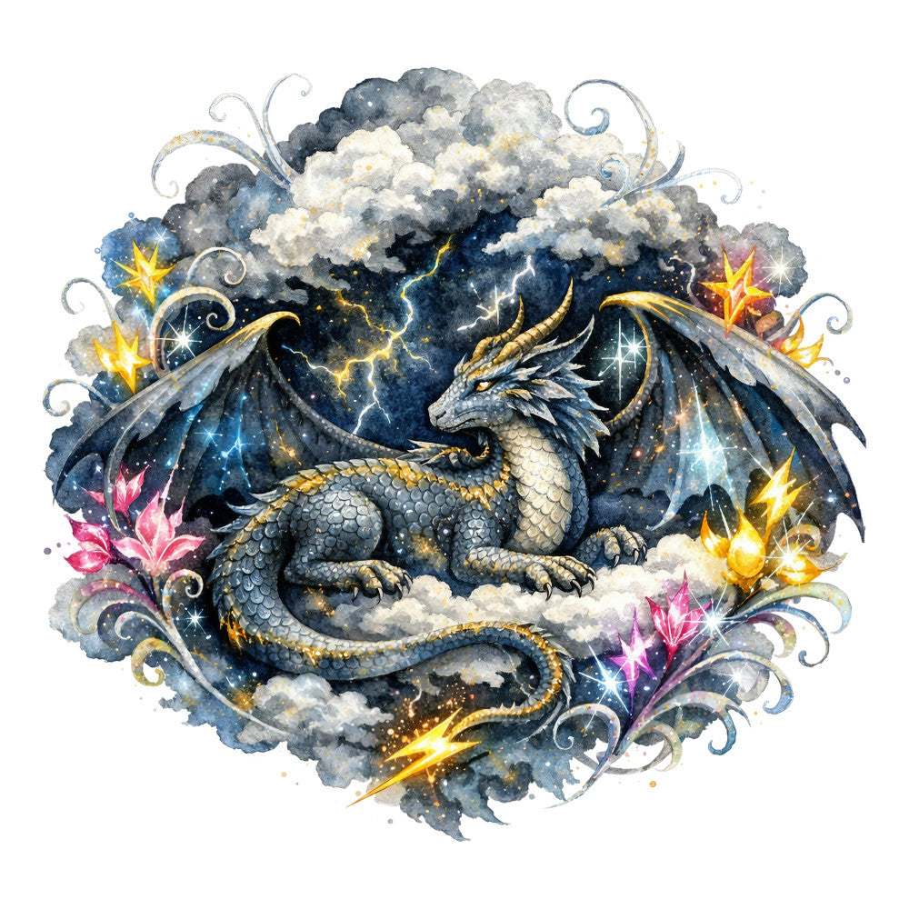 dragon, fantasy, celestial, storm clouds, lightning, gold accents, navy blue, charcoal gray, cream white, magical, whimsical, mystical, enchanted, stars, sparkles, winged creature, mythical beast, dramatic sky, ornamental scrolls, pink flowers, jewel tones, dark blue, metallic gold, stormy weather, fantasy creature, adventure theme, magical realism, decorative border, ethereal, gothic fantasy