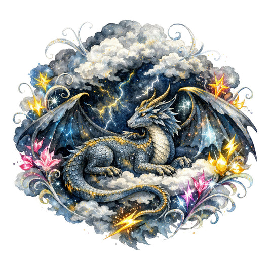 dragon, fantasy, celestial, storm clouds, lightning, gold accents, navy blue, charcoal gray, cream white, magical, whimsical, mystical, enchanted, stars, sparkles, winged creature, mythical beast, dramatic sky, ornamental scrolls, pink flowers, jewel tones, dark blue, metallic gold, stormy weather, fantasy creature, adventure theme, magical realism, decorative border, ethereal, gothic fantasy