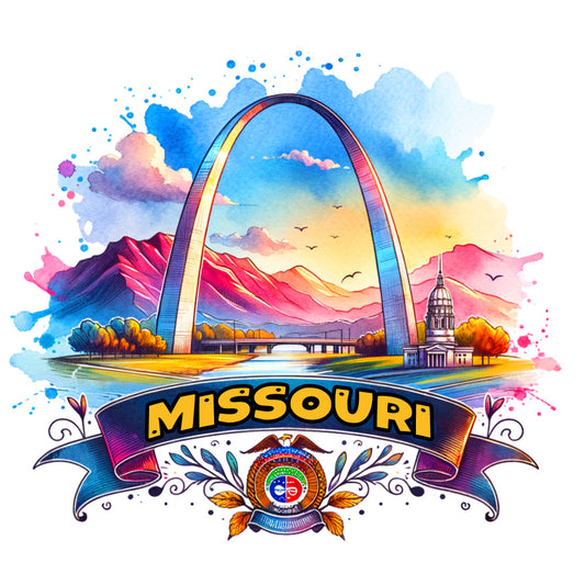 US States Retro Travel Fabric Panel 27 featuring colorful Missouri landmarks and state emblem on premium cotton fabric.