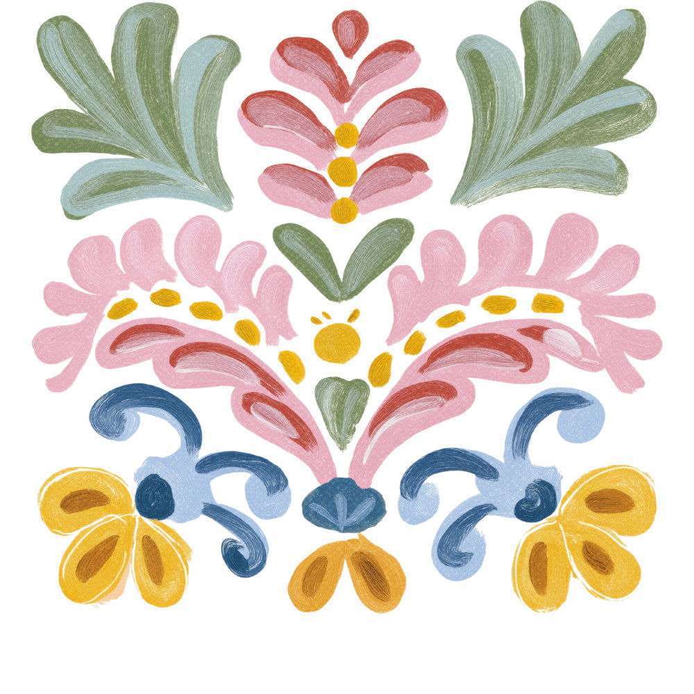 floral, botanical, folk art, traditional, whimsical, spring, summer, pink, dusty rose, coral, yellow, gold, navy blue, sage green, light blue, symmetrical, decorative, nature-inspired, vintage, scandinavian, heart motif, leaf motif, flower clusters, ornamental, damask-inspired, cottage core, hand-painted style, vibrant, cheerful, multi-color