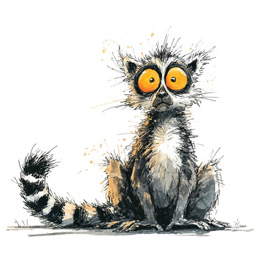 black, gray, charcoal, golden yellow, orange, cream, white, watercolor, sketch, hand-drawn, animal, cat, lemur, whimsical, quirky, playful, modern, contemporary, illustration, artistic, ink splatter, expressive, wide-eyed, surprised expression, wall hanging, home decor, novelty print, children's, kids, fun