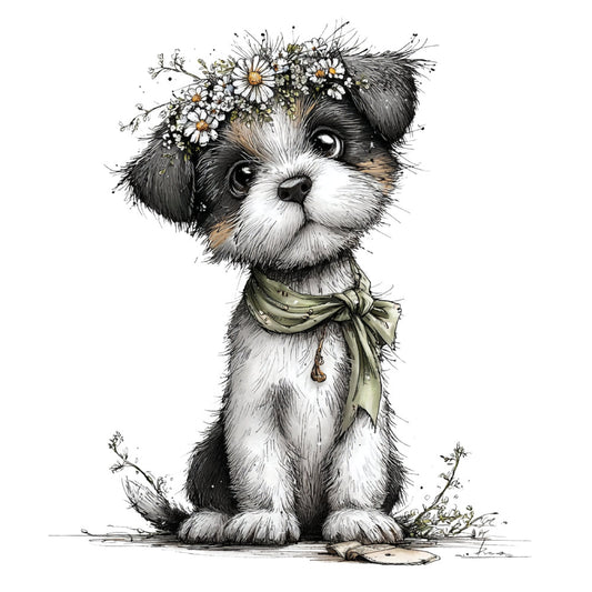 puppy, dog, shih tzu, small dog, cute dog, daisies, daisy flowers, floral crown, flower crown, charcoal gray, black and white, cream white, sage green, tan, botanical, whimsical, adorable, sweet, gentle, spring, summer, baby quilt, children's fabric, nursery, wall hanging, pet lover, animal lover, decorative bow, ribbon, charming