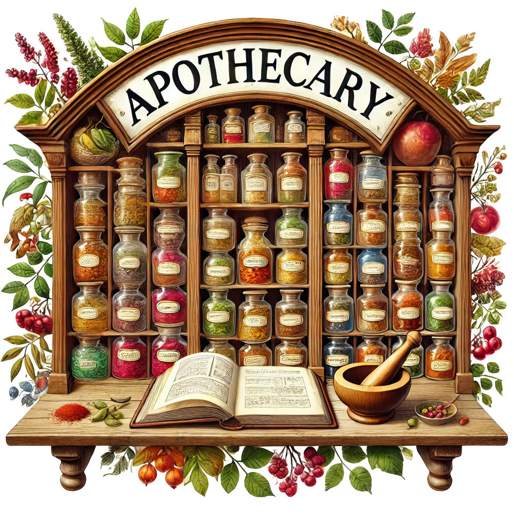 apothecary, herbal medicine, botanical illustration, glass jars, mortar pestle, open book, wooden shelves, brown tones, green herbs, red berries, amber bottles, colonial style, vintage pharmacy, fabric panel, quilting cotton, detailed artwork, earthy colors, medicinal plants, spice jars, antique design