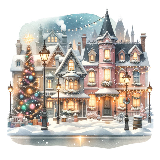 winter village, christmas, snowy landscape, holiday, victorian architecture, festive, charming, whimsical, nostalgic, vintage, fairy tale, enchanted, brick red, dusty rose, cream, soft blue, warm gold, teal, evergreen, street lamps, snow-covered roofs, decorated windows, christmas tree, ornaments, garland, wreaths, starry night, cozy, traditional, elegant