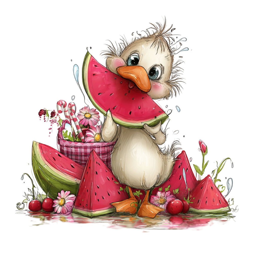 watermelon, duck, bird, whimsical, summer, spring, pink, red, coral, cream, orange, floral, daisy, flowers, nature, cute, playful, children, kids, novelty, animal, fruit, picnic, farmhouse, cheerful, vibrant, illustration, art print, panel design
