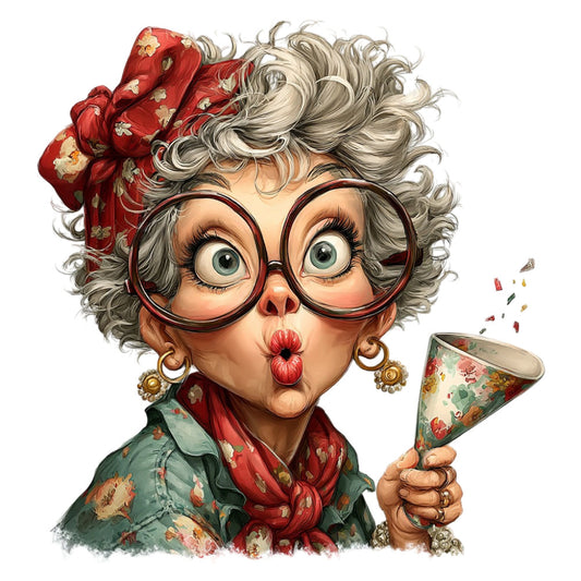 whimsical, vintage, grandmother character, gray hair, red glasses, floral print, rose red, sage green, cream, gold accents, playful, humorous, retro, grandma theme, portrait panel, novelty, botanical florals, cheerful, quirky, cottagecore, traditional, decorative arts, character fabric, conversation print, folk art style, fun grandmother, nostalgic, spring florals, Easter, gift fabric