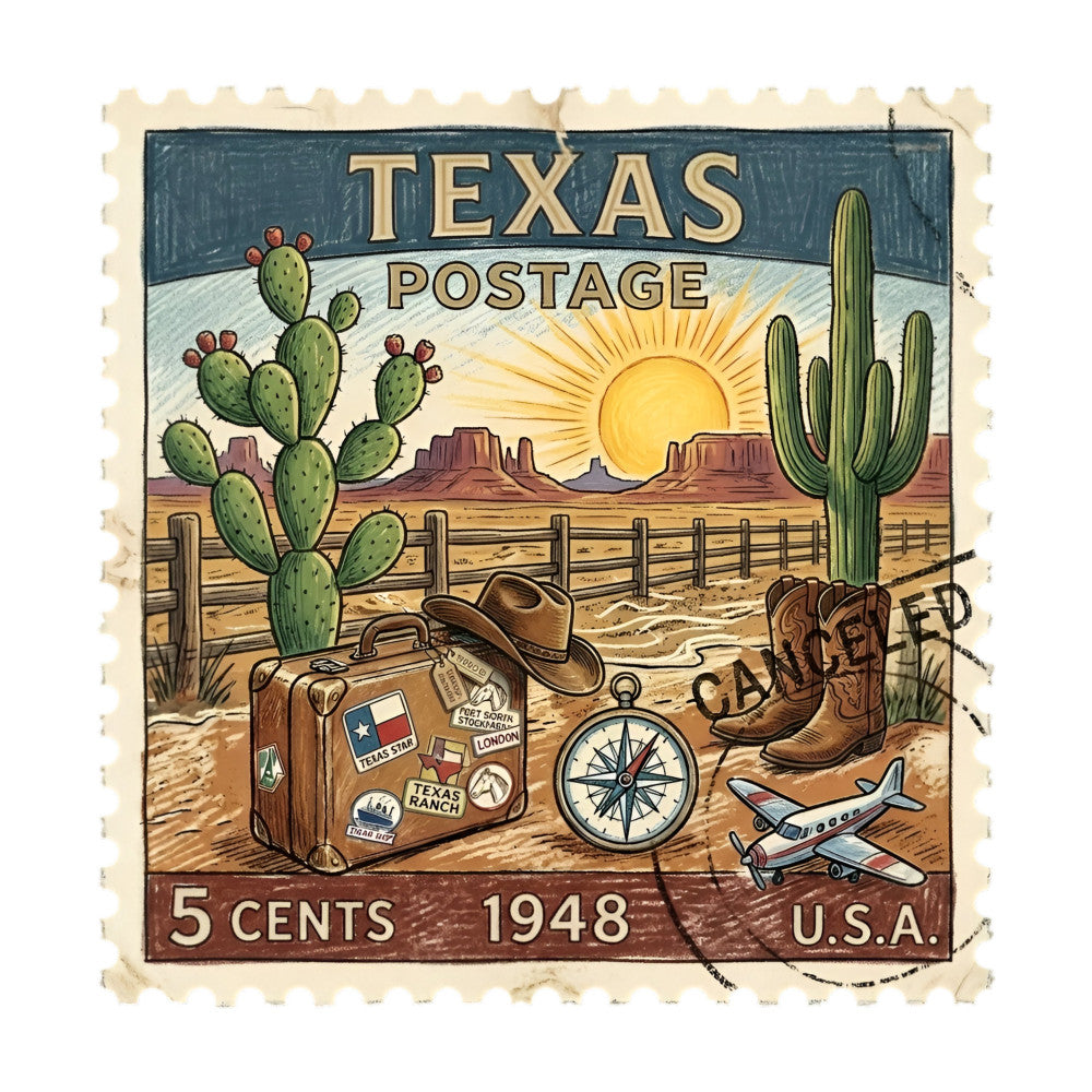 texas, vintage, western, desert, postage stamp, retro, 1948, cowboy boots, suitcase, compass, airplane, cactus, prickly pear, sagebrush, ranch, landscape, travel, adventure, cream, tan, sage green, rust brown, golden yellow, blue-gray, rustic, nostalgic, americana, southwestern, wild west, scenic