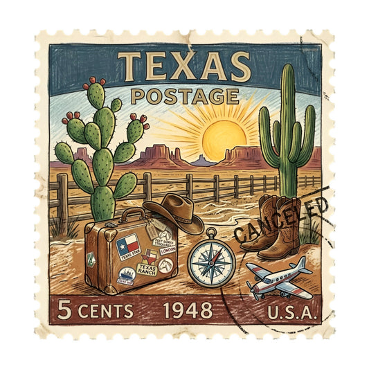 texas, vintage, western, desert, postage stamp, retro, 1948, cowboy boots, suitcase, compass, airplane, cactus, prickly pear, sagebrush, ranch, landscape, travel, adventure, cream, tan, sage green, rust brown, golden yellow, blue-gray, rustic, nostalgic, americana, southwestern, wild west, scenic