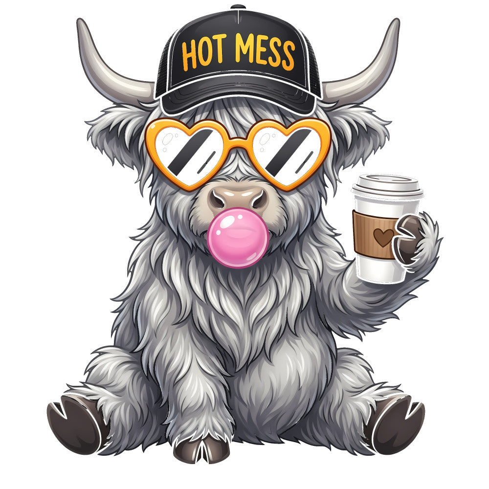 gray, white, black, gold, pink, heart-shaped sunglasses, bull, highland cattle, yak, humorous, funny, whimsical, trendy, modern, casual, coffee cup, bubble gum, cap, hat, quirky, playful, contemporary, pop culture, cartoon, novelty, statement piece, fun graphic, coffee lover, silly animals