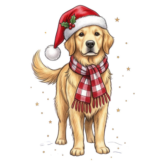 golden retriever, christmas, holiday, santa hat, festive, dog, animals, pets, red and white, cream, gold accents, plaid scarf, checkered, stars, whimsical, seasonal, winter, cheerful, family friendly, decorative, children's, pet lover, rustic, traditional, jolly, festive scarf, tail, nose, sweet, adorable