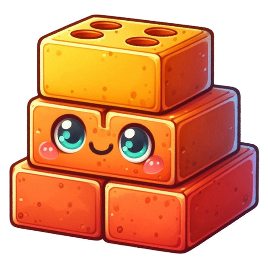 golden yellow, bright orange, coral red, cute character, stacked blocks, toy blocks, building blocks, whimsical, playful, children's, kids, baby, animated eyes, kawaii, cartoon style, construction theme, colorful, gradient shading, bold colors, cheerful, fun, playroom, nursery, child's room, toys, games, modern whimsical, bright and bold, character fabric, storybook style