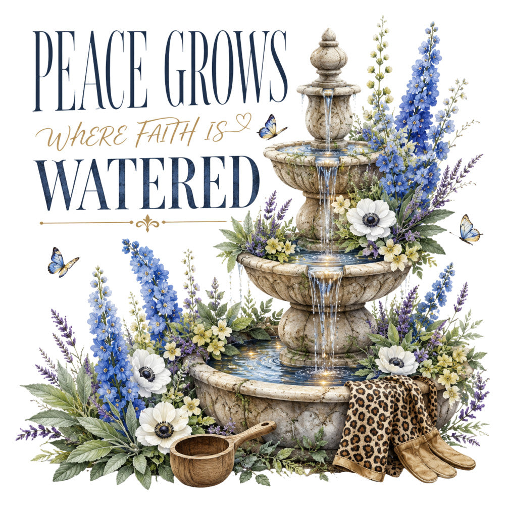 navy blue, lavender purple, cream white, sage green, gold accents, floral, botanical, inspirational quote, fountain, delphinium, lupine, anemone, daisy, butterfly, garden flowers, nature, vintage, elegant, rustic, farmhouse, spring, summer, religious, faith-themed, peaceful, calming, decorative accessories, gardening theme, water feature, cottage style