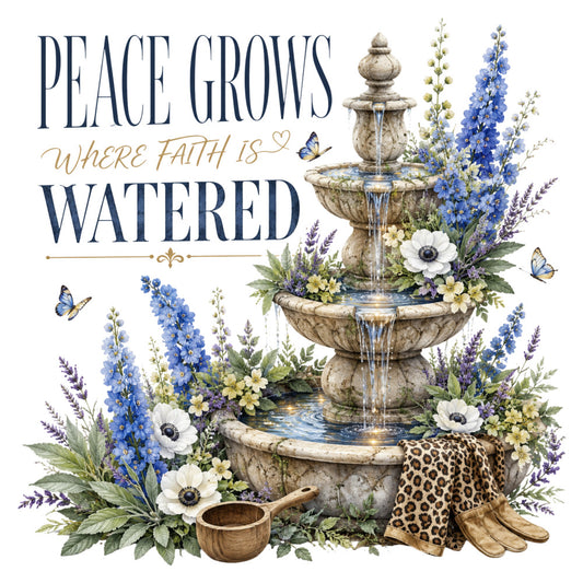 navy blue, lavender purple, cream white, sage green, gold accents, floral, botanical, inspirational quote, fountain, delphinium, lupine, anemone, daisy, butterfly, garden flowers, nature, vintage, elegant, rustic, farmhouse, spring, summer, religious, faith-themed, peaceful, calming, decorative accessories, gardening theme, water feature, cottage style