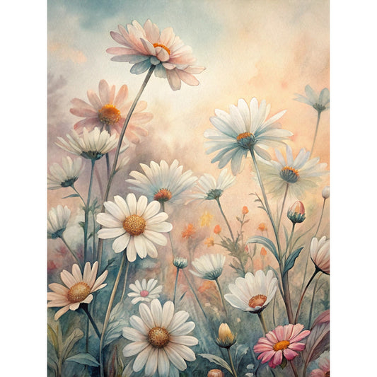 daisy flowers, white petals, orange centers, pink blooms, soft pastels, watercolor style, floral meadow, botanical art, dreamy atmosphere, fabric panel, quilting cotton, spring flowers, wildflowers, garden scene, delicate stems, peach tones, blue hues, romantic florals, nature motif