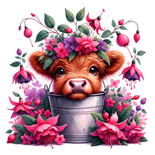Cute Highland Cows in Buckets Fabric Panel 14 featuring a detailed highland cow calf in a metal bucket surrounded by vibrant pink flowers.