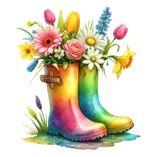 rainbow boot, floral arrangement, spring flowers, whimsical, colorful, daisies, roses, tulips, daffodils, lavender, gerbera daisy, bright colors, pastel, cheerful, nature themed, garden flowers, boot planter, rain boot, multi-colored gradient, yellow, pink, blue, green, purple, orange, cottage core, folk art, illustrative, springtime, garden