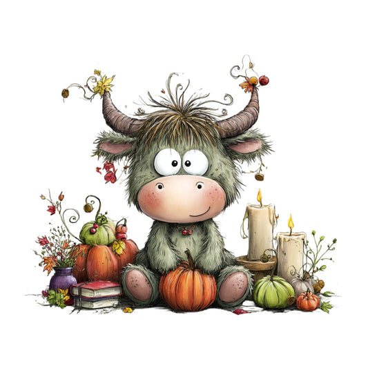 whimsical bull, autumn harvest, pumpkins, fall theme, rustic style, creature illustration, adorable animals, folk art, childlike design, burnt orange, sage green, cream, dusty rose, mauve, charming character, storybook illustration, cozy fall, harvest season, decorative motifs, floral elements, candles, books, cottage style, children's fabric, playful design, pastoral theme, nature inspired, vintage illustration style, soft colors, decorative panel
