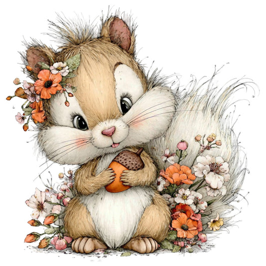cute animal, squirrel, woodland, flowers, floral, whimsical, children's, baby, spring, summer, cream, tan, brown, coral, orange, white, soft pastels, nature, forest, acorn, daisies, cheerful, playful, gentle, storybook, illustration, botanical, garden, nursery, decorative