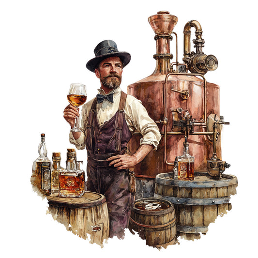 bourbon distillery, copper still, whiskey maker, bearded man, top hat, amber liquid, copper tones, brown hues, vintage illustration, distilling equipment, wooden barrels, glass bottles, steampunk elements, craft distillery, alcohol production, period costume, fabric panel, quilting cotton, whiskey theme, artisan craft