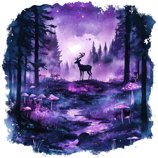 purple, violet, magenta, deep blue, navy blue, indigo, black, cosmic purple, enchanted forest, deer, forest, woodland, trees, mushrooms, mystical, magical, whimsical, fantasy, celestial, nature, wildlife, nocturnal, ethereal, dreamy, silhouette, glowing, luminous, starry, spellbinding, gothic