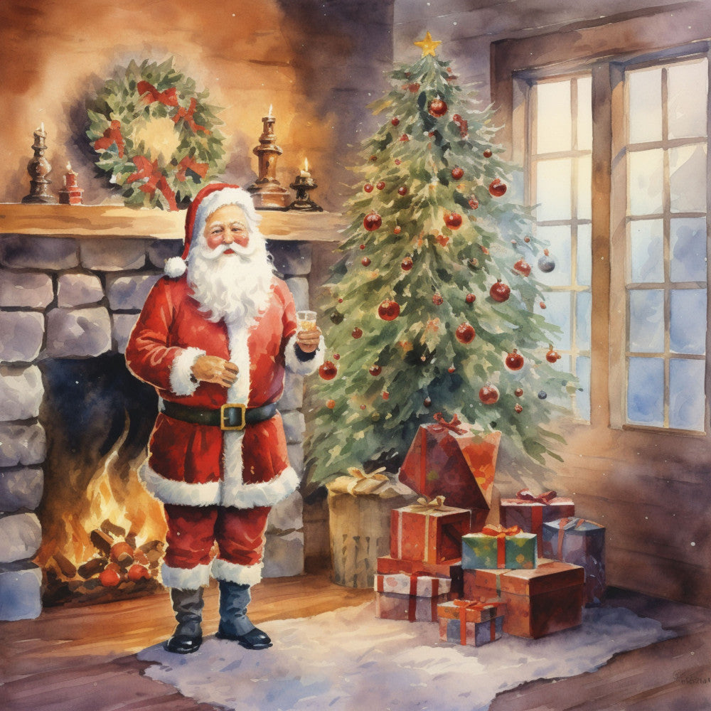 santa claus, christmas tree, fireplace, presents, gift boxes, red suit, white beard, festive scene, holiday spirit, warm colors, cozy interior, fabric panel, quilting cotton, christmas decorations, ornaments, wreath, candlelight, snowy window, seasonal fabric, holiday crafting