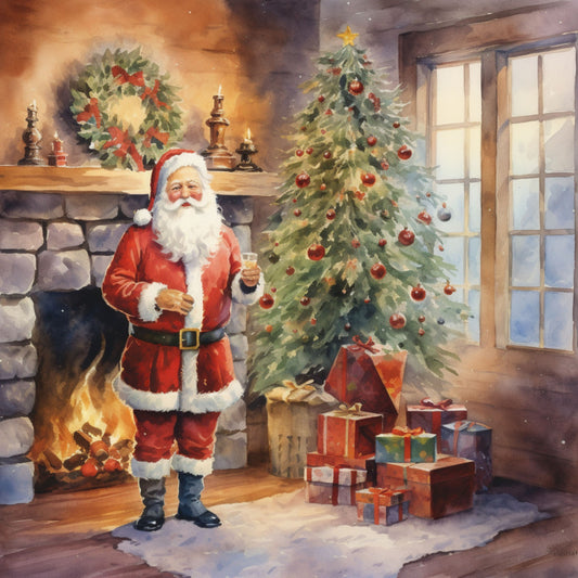 santa claus, christmas tree, fireplace, presents, gift boxes, red suit, white beard, festive scene, holiday spirit, warm colors, cozy interior, fabric panel, quilting cotton, christmas decorations, ornaments, wreath, candlelight, snowy window, seasonal fabric, holiday crafting