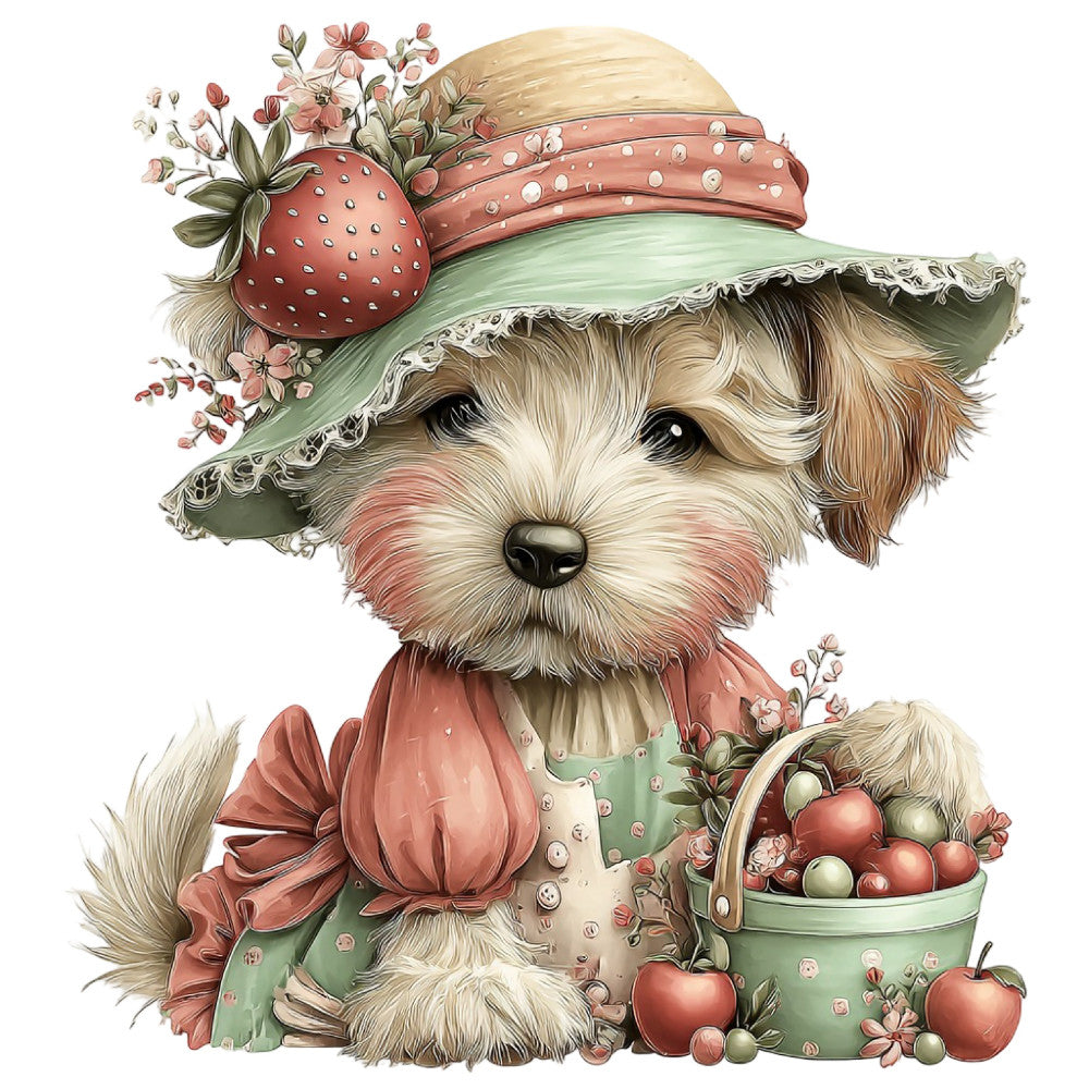 sage green, coral pink, cream, dusty rose, soft white, brown, floral, whimsical, dog, puppy, vintage, spring, garden, strawberry, flowers, feminine, charming, sweet, pastoral, nature, botanical, fruit, Easter, bunny, easter bunny, country, romantic, delicate, detailed illustration