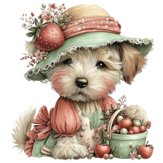 sage green, coral pink, cream, dusty rose, soft white, brown, floral, whimsical, dog, puppy, vintage, spring, garden, strawberry, flowers, feminine, charming, sweet, pastoral, nature, botanical, fruit, Easter, bunny, easter bunny, country, romantic, delicate, detailed illustration