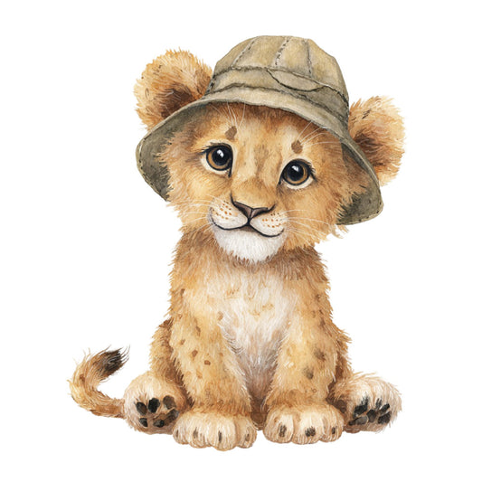 lion cub, safari animals, wildlife, baby animals, cute animals, tan, beige, cream, golden brown, taupe, adventure, explorer, safari hat, whimsical, playful, children's, nursery, baby, animal portrait, character design, kawaii, illustration style, jungle theme, african wildlife, adventurous, fun, cheerful, kids theme, nature inspired