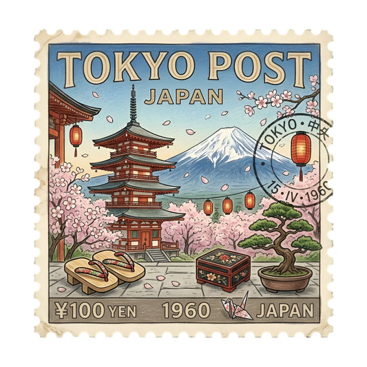 tokyo, japan, japanese, postage stamp, vintage, cherry blossom, pagoda, mount fuji, traditional, cultural, floral, pink, red, cream, blue, nature, asian, spring, lantern, bonsai, botanical, travel, retro, 1960s, historical, scenic, ornamental, heritage, eastern, artistic