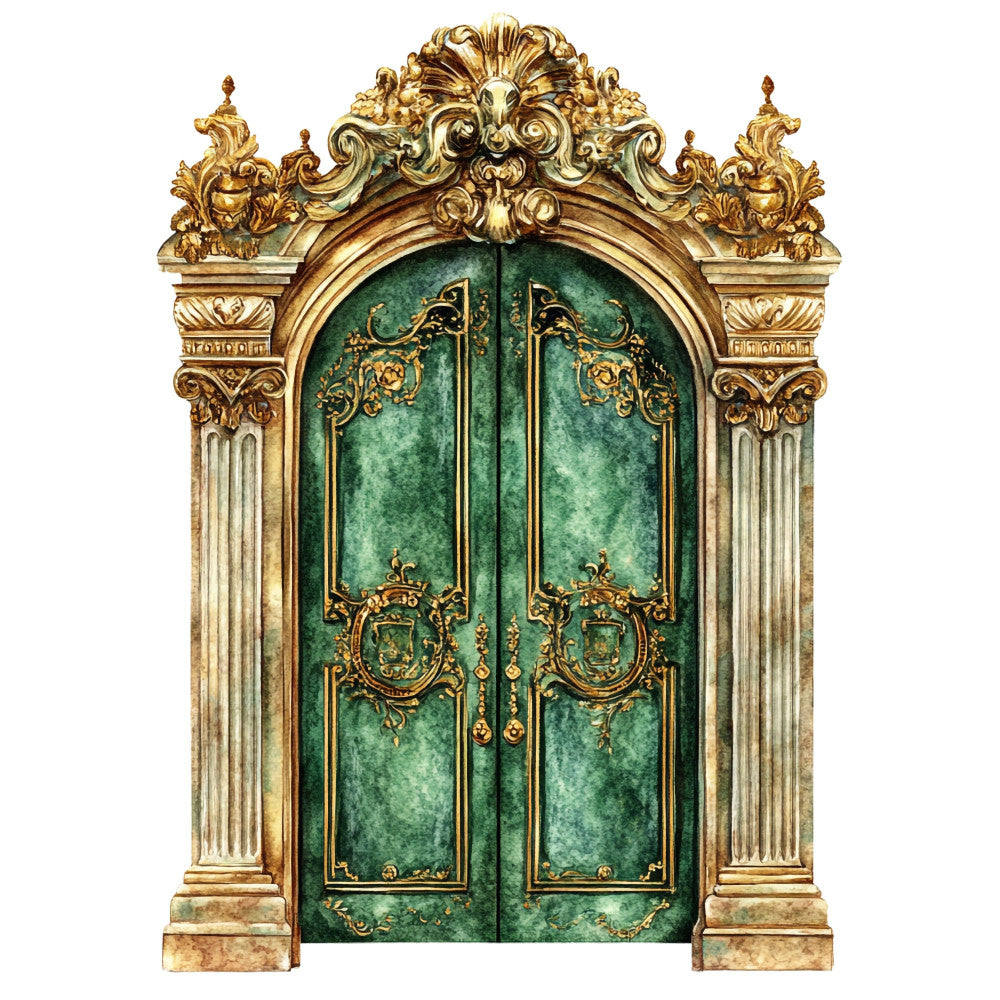 emerald green, gold, ornate, baroque, victorian, doors, architectural, classic, elegant, traditional, luxe, ornamental, scrollwork, floral details, royal, upscale, formal, decorative hardware, door panels, grand entrance, renaissance, gilded, sophisticated, vintage inspired, statement fabric, home decor, interior design, timeless, palatial