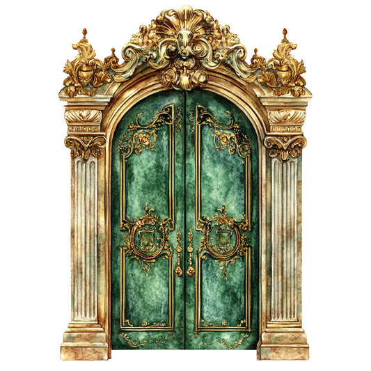 emerald green, gold, ornate, baroque, victorian, doors, architectural, classic, elegant, traditional, luxe, ornamental, scrollwork, floral details, royal, upscale, formal, decorative hardware, door panels, grand entrance, renaissance, gilded, sophisticated, vintage inspired, statement fabric, home decor, interior design, timeless, palatial