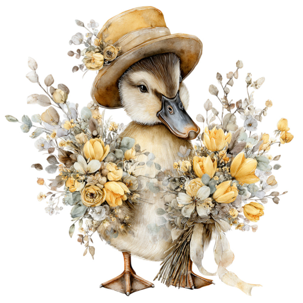 duck, farmhouse, floral, botanical, spring, summer, vintage, whimsical, nature, animals, birds, waterfowl, cream, tan, golden yellow, sage green, dusty blue, brown, rustic, elegant, cottagecore, country, gentle, soft, delicate, tulips, roses, dried flowers, eucalyptus, hat