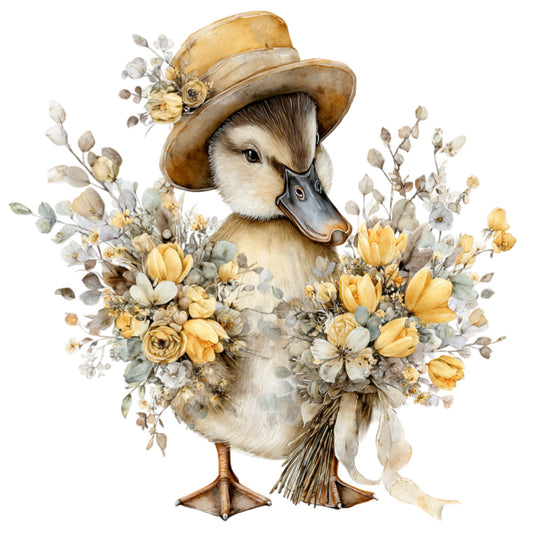 duck, farmhouse, floral, botanical, spring, summer, vintage, whimsical, nature, animals, birds, waterfowl, cream, tan, golden yellow, sage green, dusty blue, brown, rustic, elegant, cottagecore, country, gentle, soft, delicate, tulips, roses, dried flowers, eucalyptus, hat